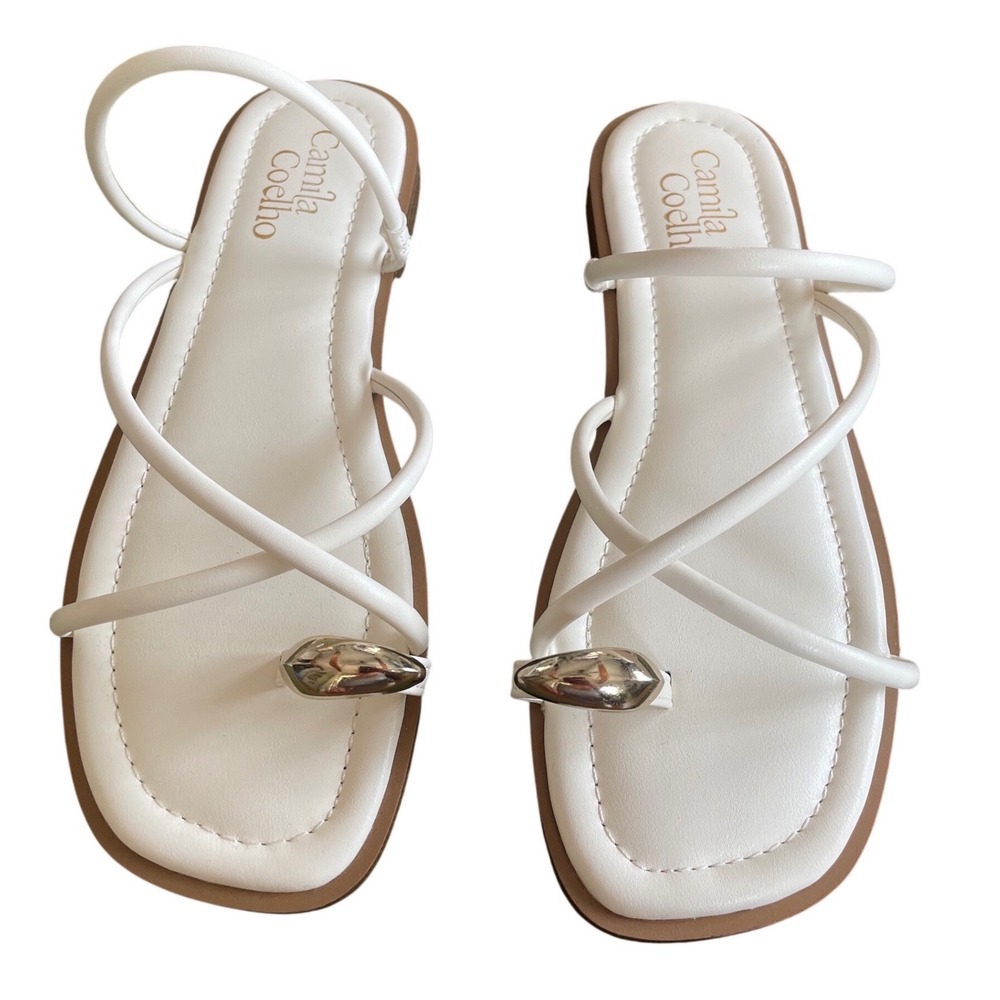 Camila Coelho Venus White Strappy Flat Sandals Silver Toe Detail Womens 7M